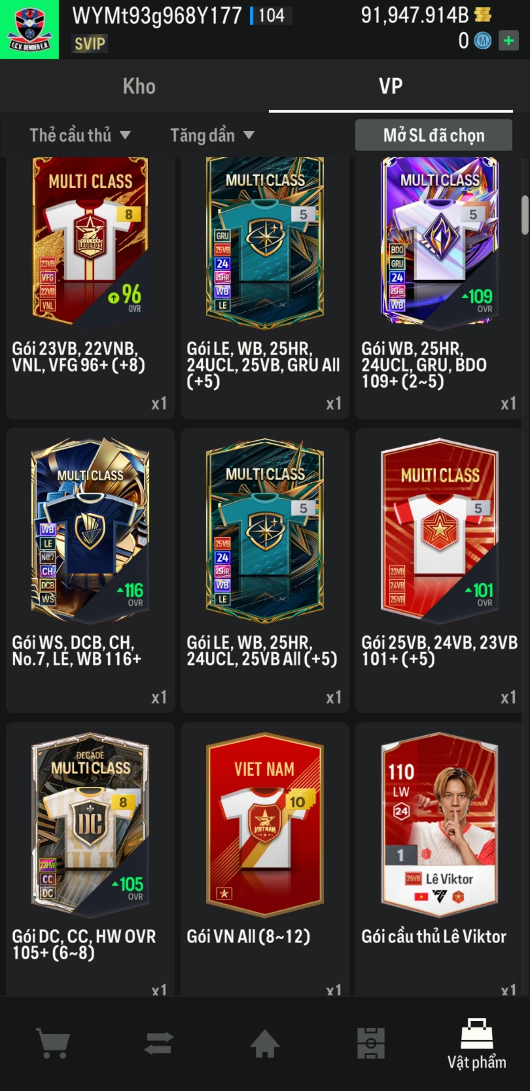 Ảnh ACC mở thẻ (LOẠI SUPER VIP) bao gồm có hơn 900+ đến 1100+ thẻ cầu thủ từ Siêu sao đến Miền núi các loại (ngẫu nhiên có: 01 thẻ +12 và 03 thẻ PRIME QH, XS, CP...) Acc có sẵn BP trắng từ 80.000 tỷ BP đến 120.000 tỷ BP kèm theo nhiều ngày SVIP